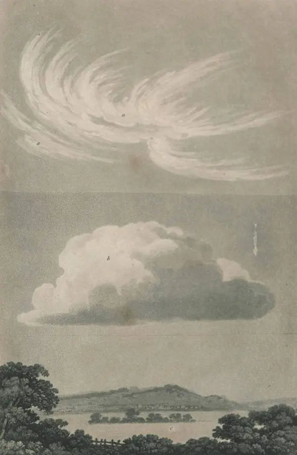 Grabado de 1803 de unos cirros finos en lo alto del cielo y un cúmulo sobre un paisaje con colinas