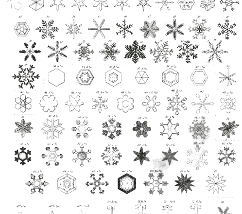 Grabado de 1834 con decenas de cristales de nieve, todos de seis lados