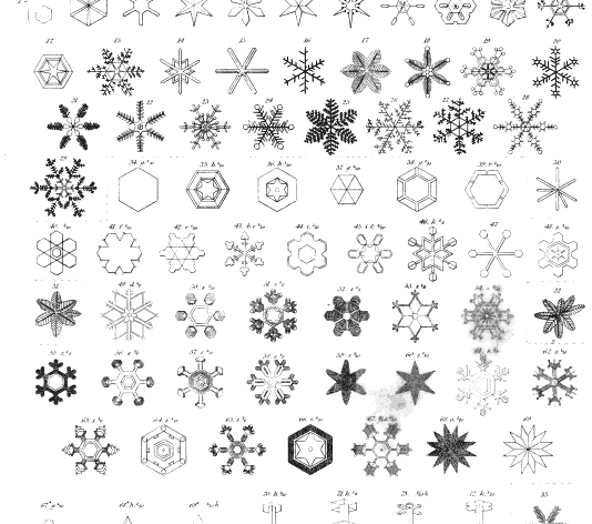 Grabado de 1834 con decenas de cristales de nieve, todos de seis lados